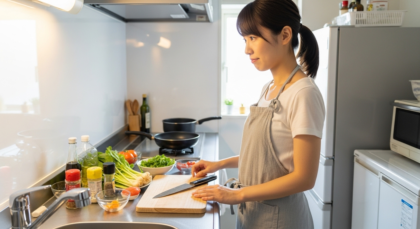 キッチンで調理器具と食材を見つめ、料理の複雑さを現実的に受け入れる表情の若い日本人女性