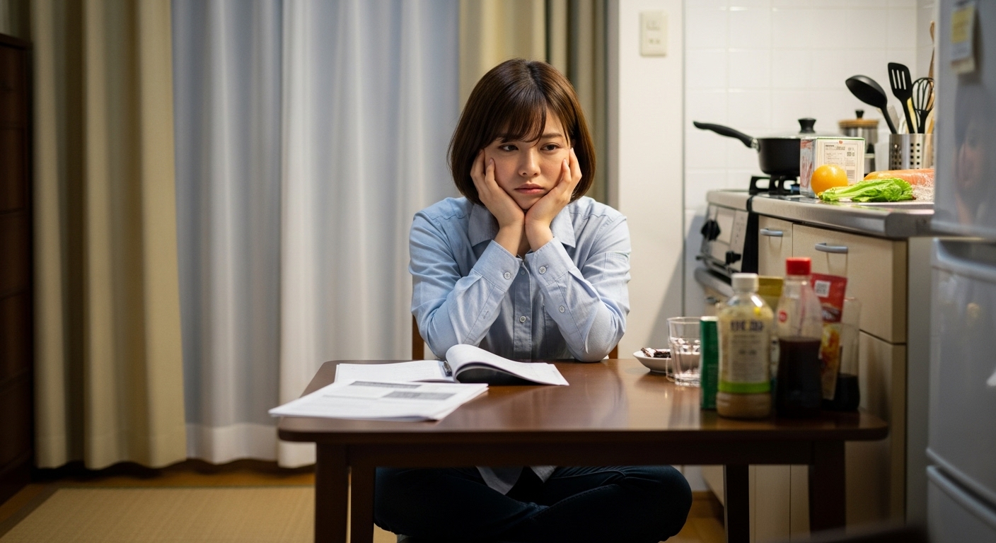 ダイニングテーブルで疲れてキッチンを見つめる若い日本人女性、料理へのやる気が出ない心理的要因を表現