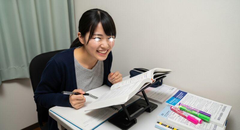 ブックスタンドで勉強する喜びの表情の日本人女子学生