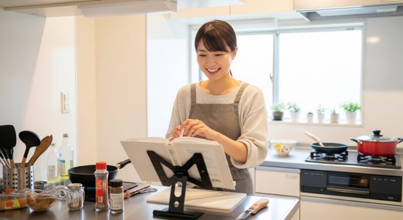 レシピ本スタンドで料理する嬉しそうな表情の日本人女性
