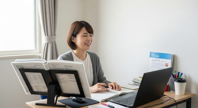 ブックスタンドで在宅ワークする満足した表情の日本人女性