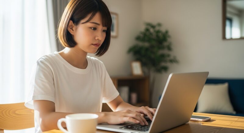 ノートパソコンでメールを作成する女性