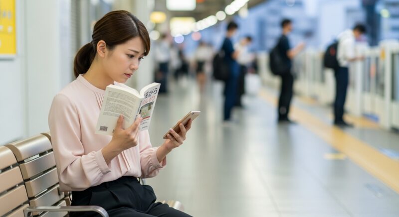 駅で本とスマホを持ち時間を気にする日本人女性