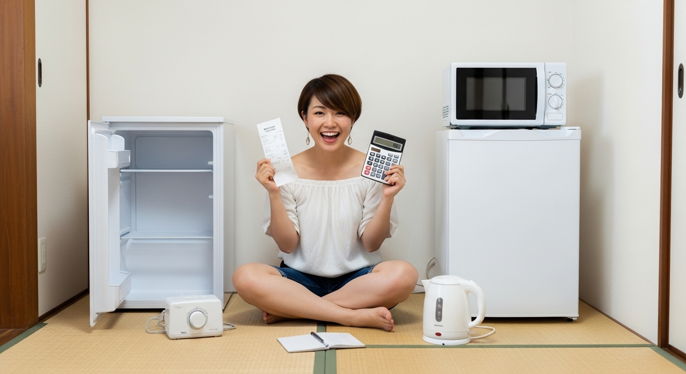 手頃なジェネリック家電で賢い予算ショッピングを祝福する若い日本人女性