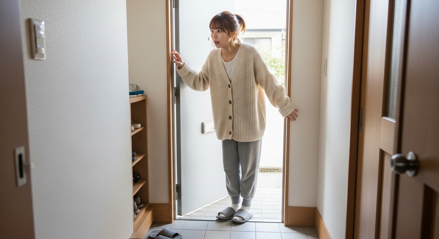 冬のアパート玄関ドアから漏れる冷気を確認する若い日本人女性