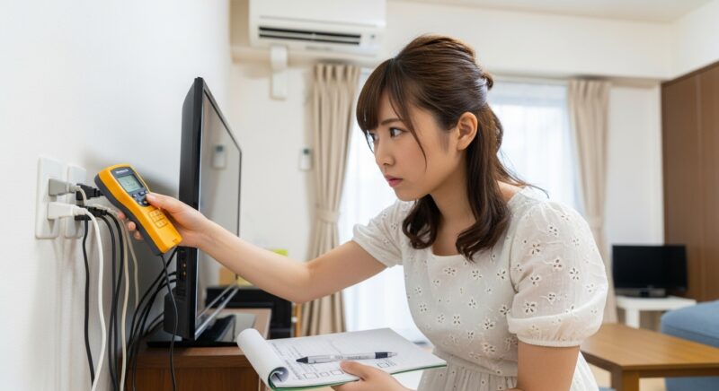 電力測定器で電気消費をチェックする若い日本人女性