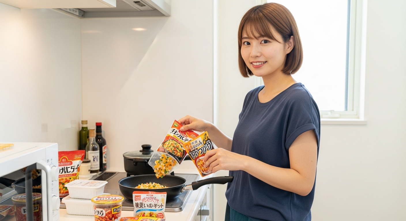 冷凍食品や既製品を自信を持って使って料理する若い日本人女性、効率的な調理法への前向きな姿勢を表現
