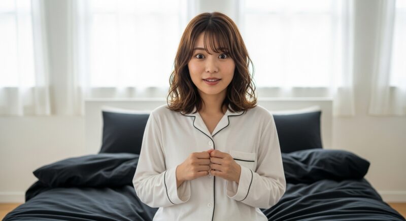 黒い寝具の風水について発見する若い日本人女性
