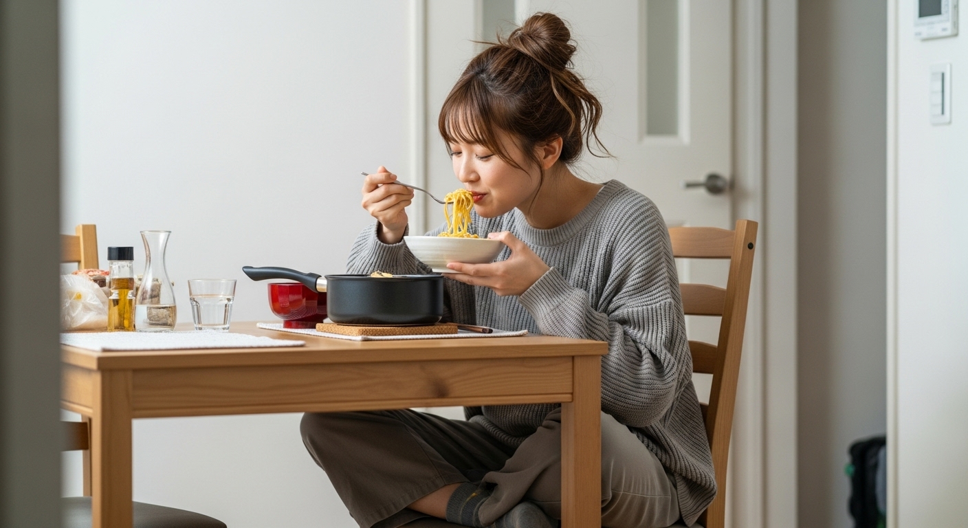 自分の基準でカジュアルに食事する若い日本人女性、社会的な食事の期待から解放された自由さを表現