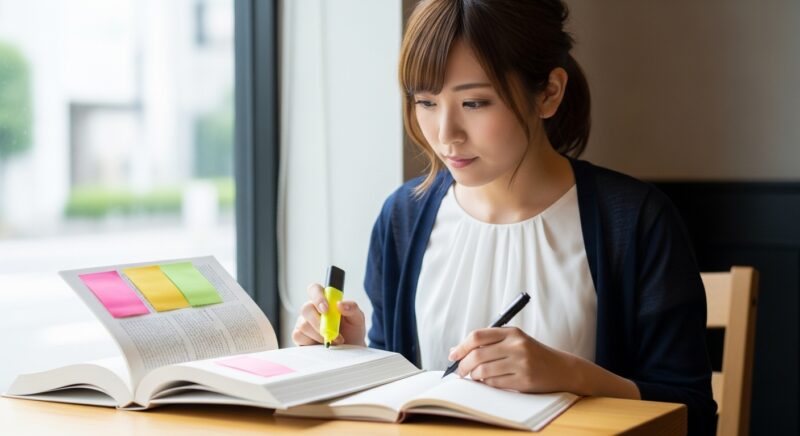 カフェで付箋とメモを使ってビジネス書を効率的に読む日本人女性