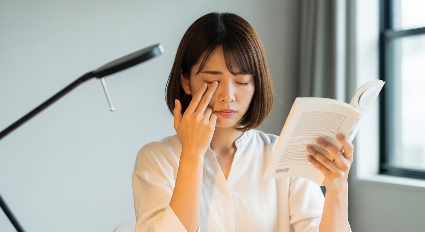デスクで読書中に眼精疲労を感じている若い日本人女性