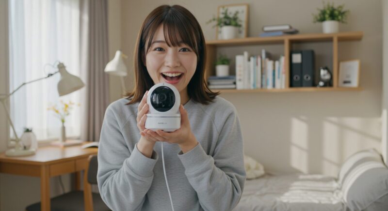 アパートでセキュリティカメラを嬉しそうに持つ若い日本人女性