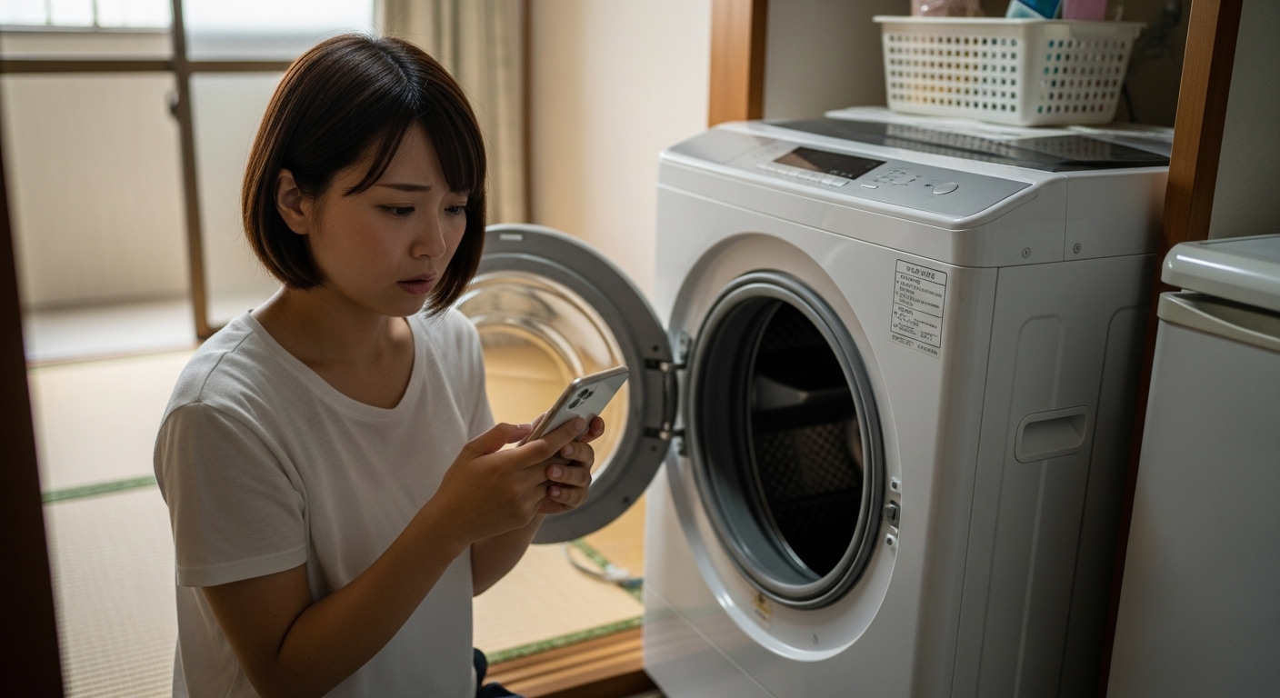 故障したジェネリック家電の洗濯機を心配そうに見る若い日本人女性