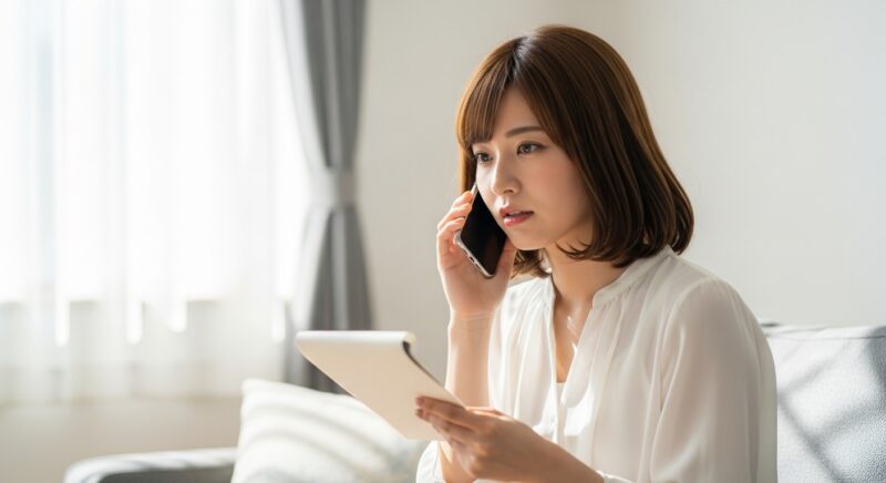 自宅で電話をかける若い日本人女性