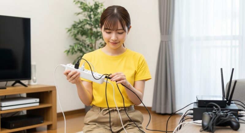 スマート電源タップで待機電力を管理する若い日本人女性