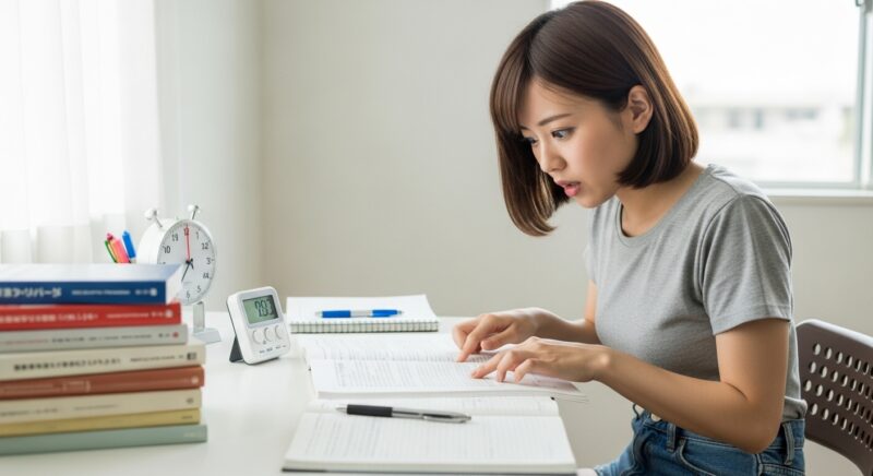 タイマーと複数の本を使って速読練習をする日本人女性