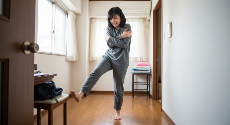 床の冷たさに反応する若い日本人女性