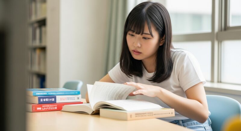 図書館で本を読む日本人女性、集中しながらも少し困惑した表情