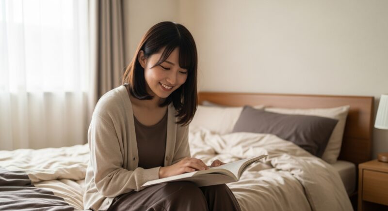 ベージュの寝具で読書をする若い日本人女性