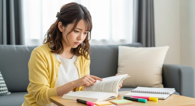 指で文字を追いながらゆっくりと丁寧に読書する日本人女性