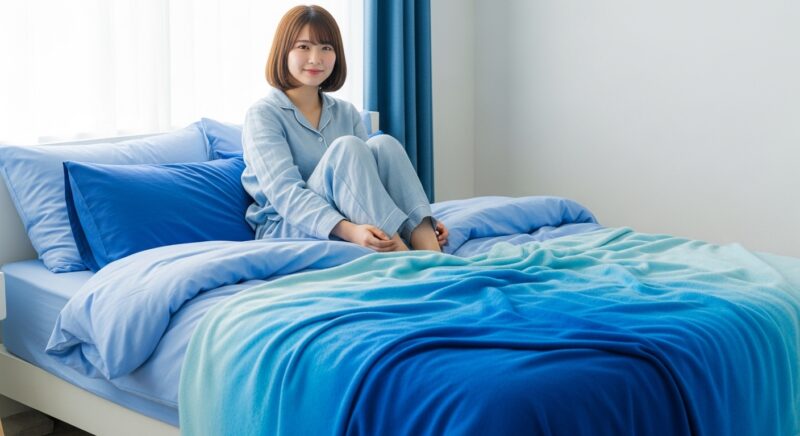 ブルー系風水寝具でリラックスする若い日本人女性の夏のベッドルーム