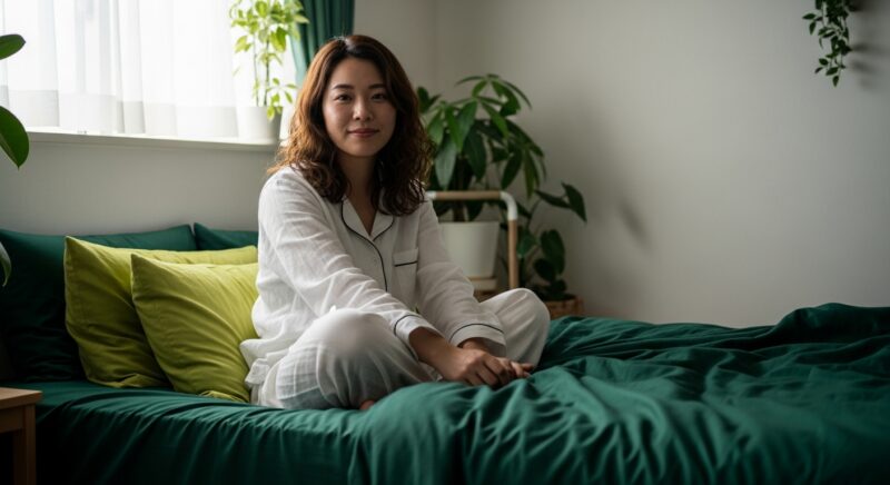 自然光の中でグリーンの寝具でくつろぐ若い日本人女性