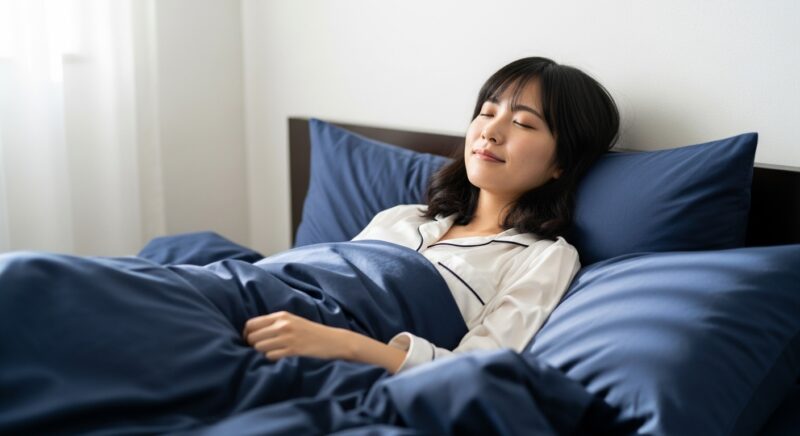 ネイビーの寝具でくつろぐ日本人女性
