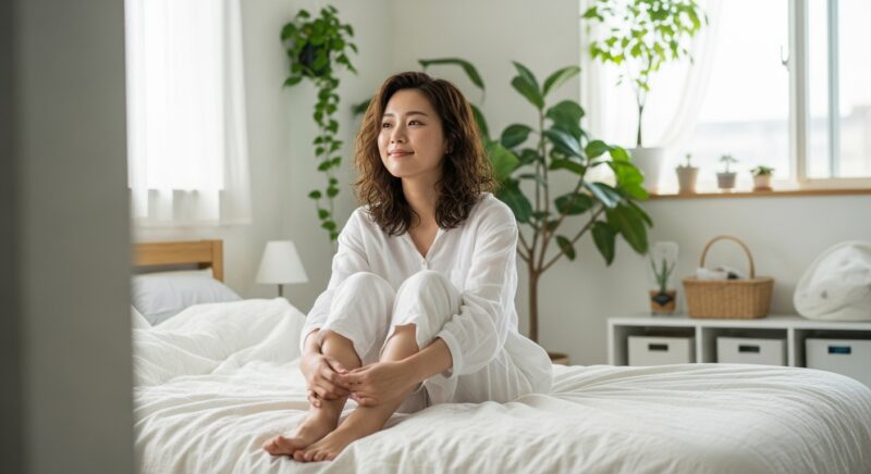 白いベッドでリラックスする若い日本人女性の風水寝室