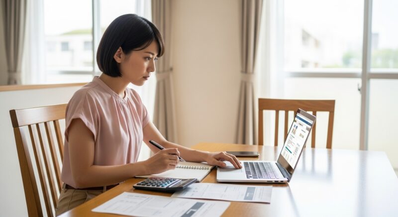 ノートパソコンで電気料金を調べる若い日本人女性