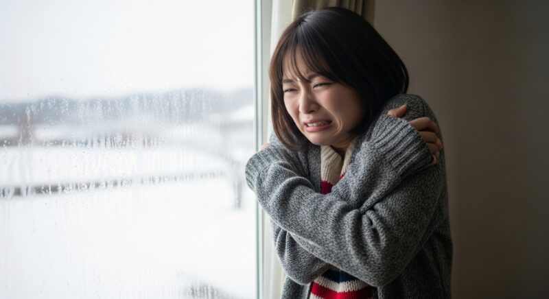 窓際で寒がる若い日本人女性