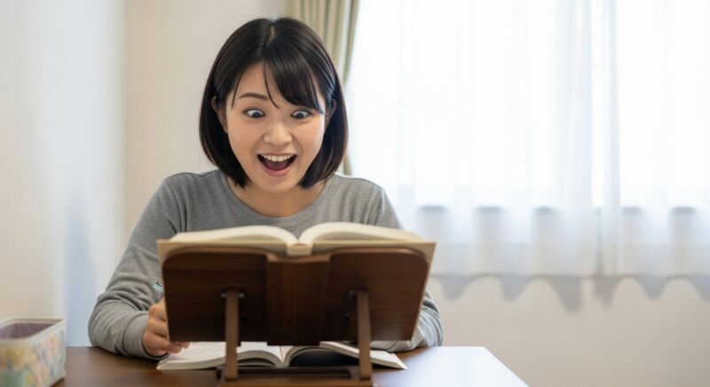 ブックスタンドで勉強する驚いた表情の若い日本人女性