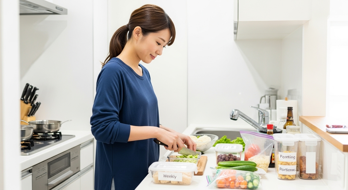 一週間分の食材を体系的に準備・整理する若い日本人女性、やる気の波に対応するシステム作りを表現