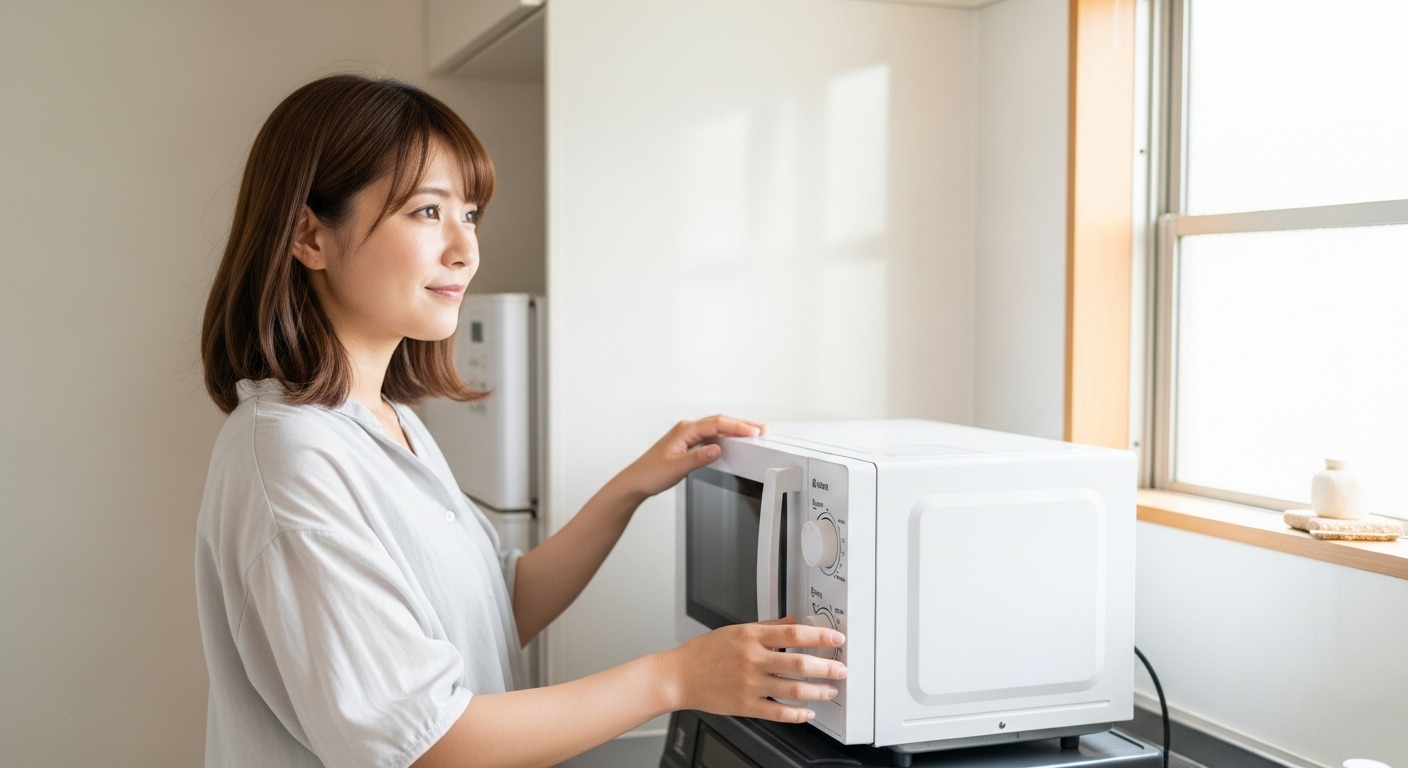コンパクトなキッチンでジェネリック家電の電子レンジを使う若い日本人女性