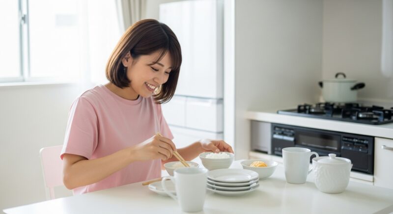 キッチンで白い食器セットを使う若い日本人女性