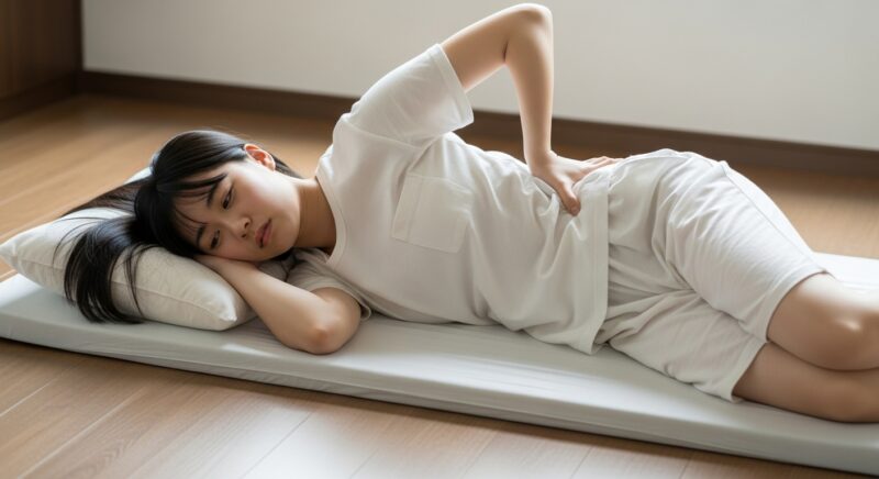 硬いフローリングに敷いた薄い布団で目覚めて腰の不快感を感じる若い日本人女性