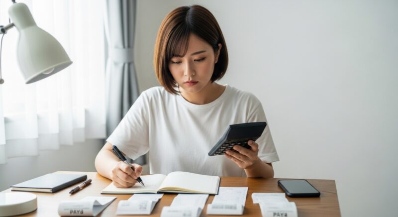 家計簿をつける若い女性