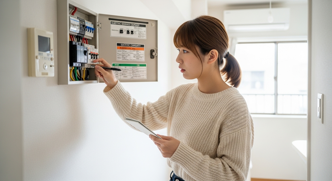 賃貸アパートで電気容量を確認する女性