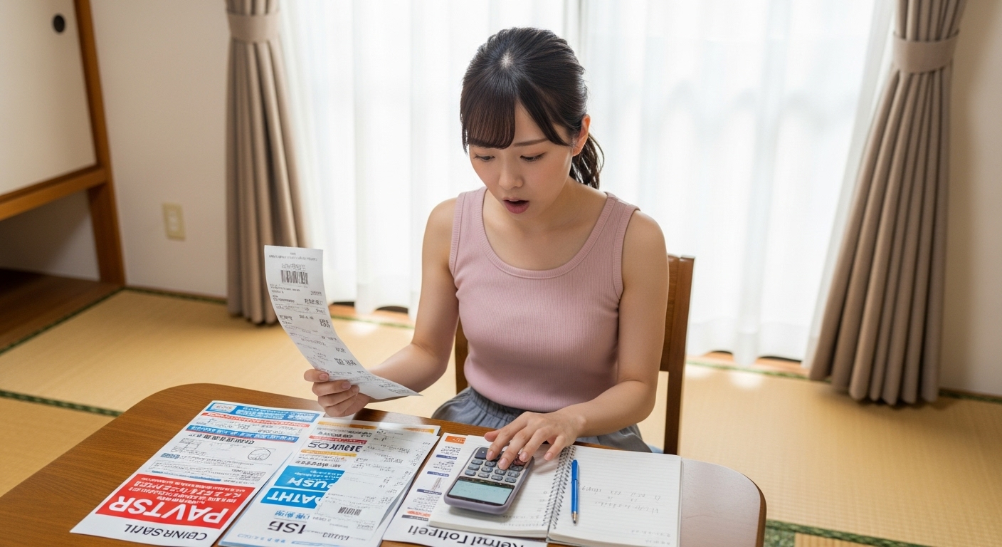 自宅でガス料金請求書を比較し計算する女性