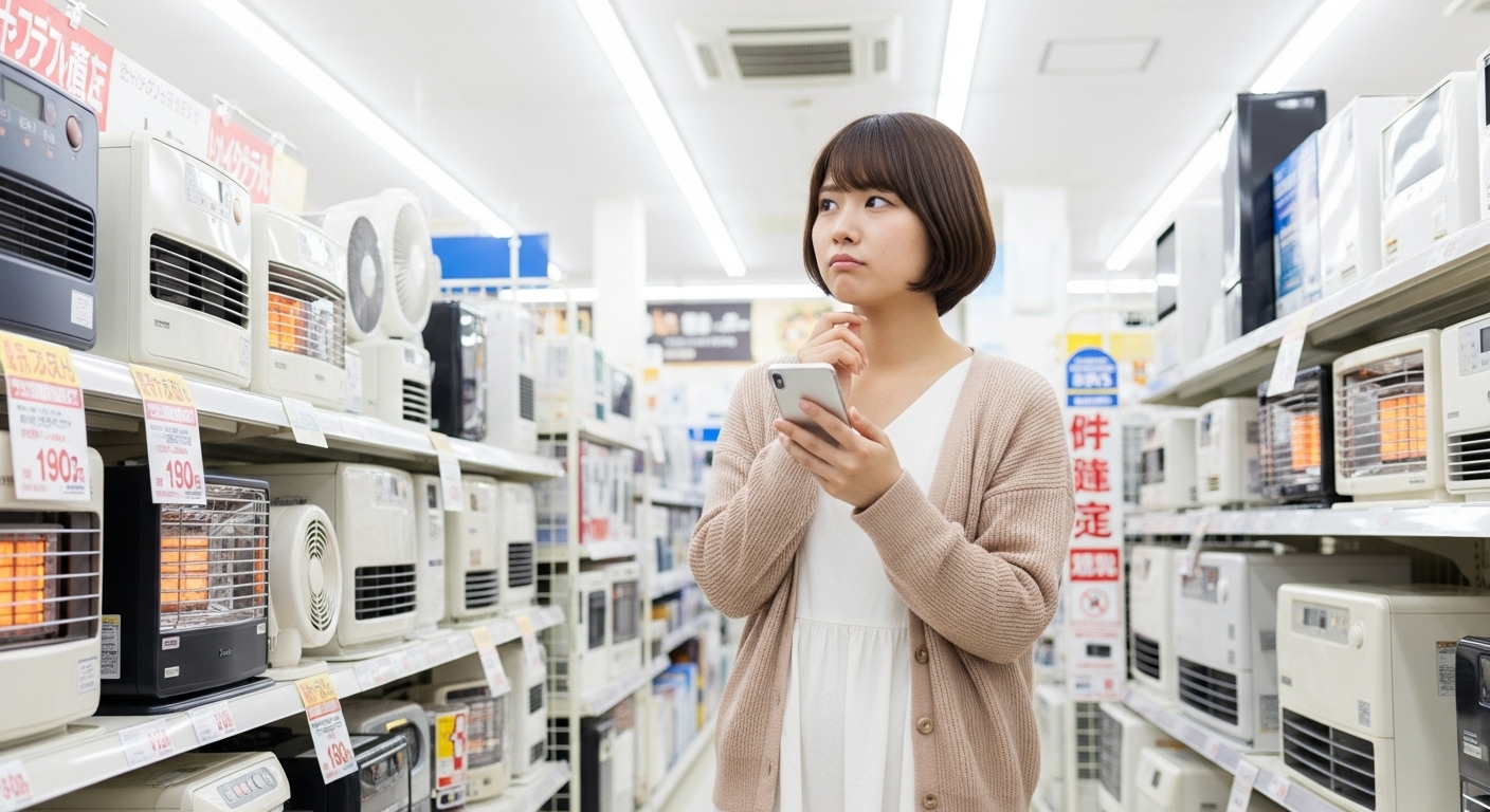 家電量販店で賃貸制限を考慮して暖房器具を比較検討する若い女性