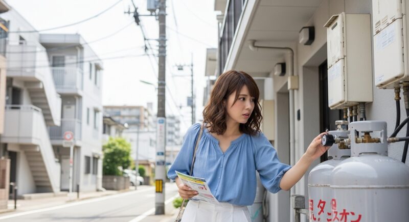 アパートの外でガス設備を確認する若い女性