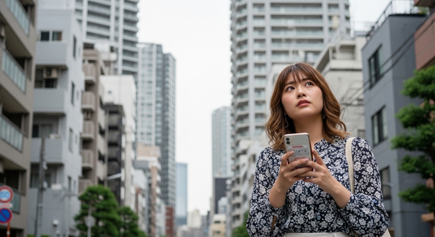 アパート探しをしながら密集した東京のマンション群を見上げる若い女性