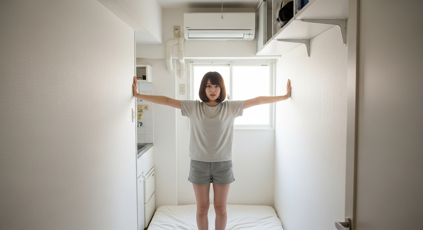 狭小ワンルームの広さを両手で測る若い女性