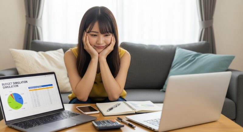 ノートパソコンで収支シミュレーションを確認する若い女性