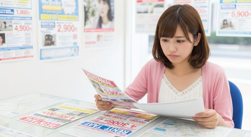 不動産屋で物件情報を検討する若い女性