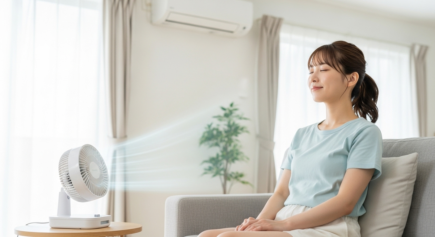 夏にエアコンとサーキュレーターで涼しく過ごす若い女性