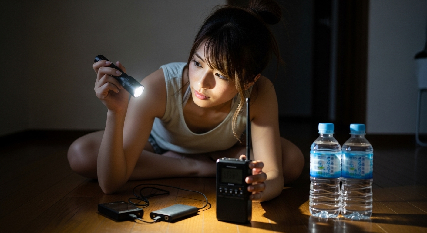 LEDライトをテストし非常用機器の動作を確認する若い女性