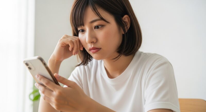スマートフォンでLINEメッセージを入力する若い女性