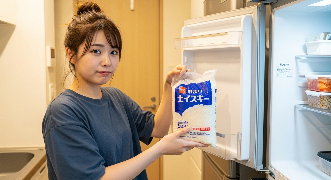 米の袋をそのまま冷蔵庫に入れようとしている若い女性
