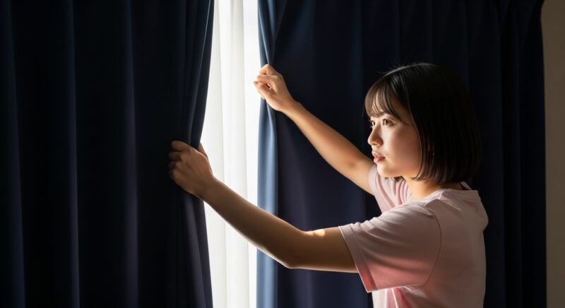 日光を遮るために遮光カーテンを閉める若い女性