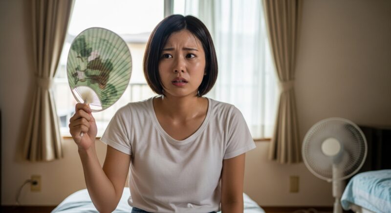 夏の2階の暑さに困る若い女性